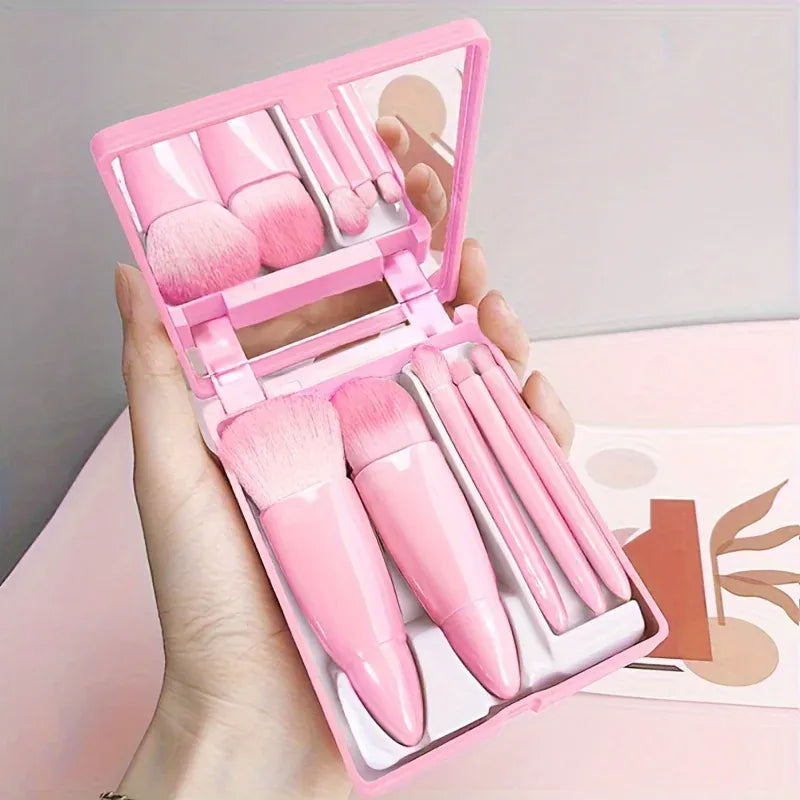 KissICON Pink 5Pcs Makeup Brush Set With Mirror Foldable Travel