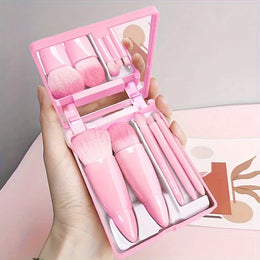 KissICON Pink 5Pcs Makeup Brush Set With Mirror Foldable Travel