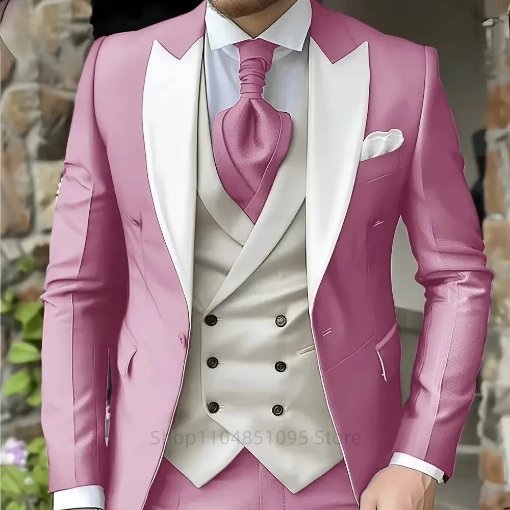 KissICON Pink / 5XL Mens Elegant Peak Lapel 3Piece Tuxedo Suit