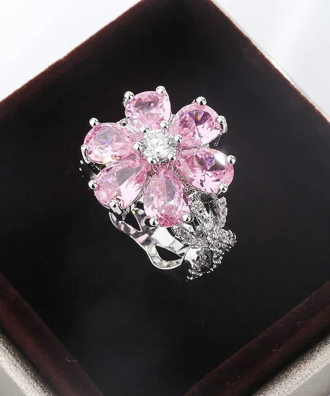 Dropshipman Pink / 6 KissIcon Exquisite Zircon Ring 925 Silver - Pink Flowers