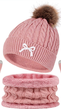 jkthpu-45 Pink bow three-piece set 3Pc Womens Cozy Winter Hat Scarf Gloves Set
