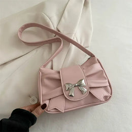Dropshipman Pink-Bow Trendy Bow Shoulder Bag Handbag Casual Underarm Bag Daily Commuting Bags PU Leather Lady Banquet Bag Business Women's Bags