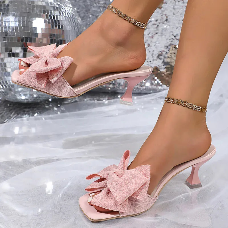 KissICON Pink Bowtie Decor High Heels Sandals for Women