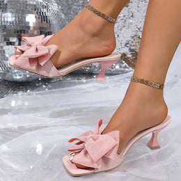 KissICON Pink Bowtie Decor High Heels Sandals for Women