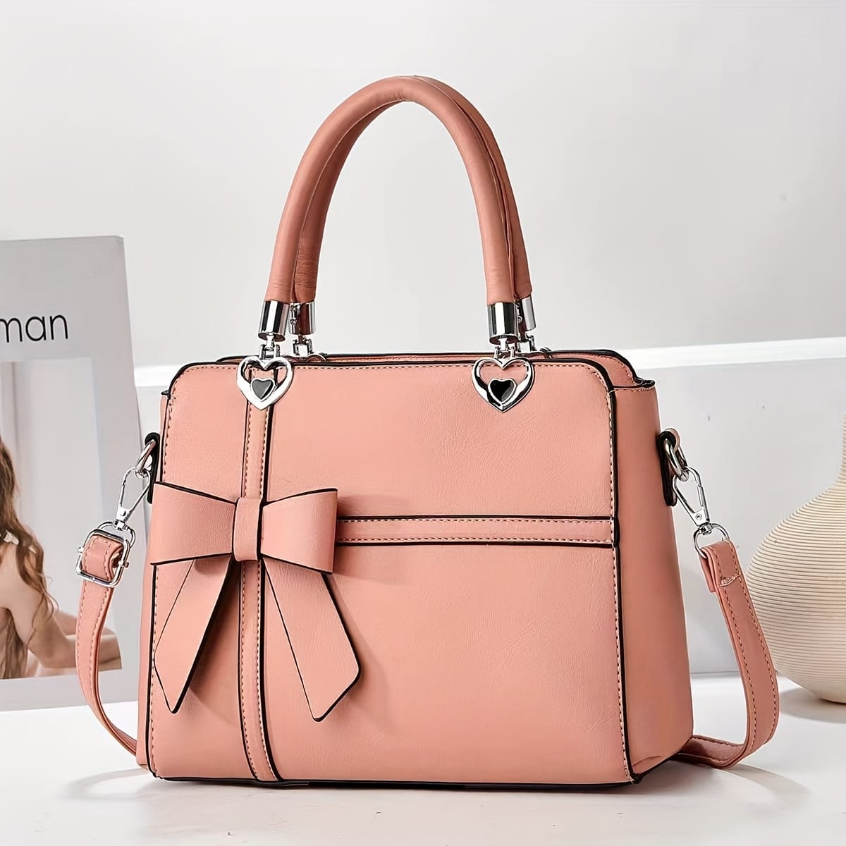 jkthpu-45 Pink Chic Solid Bow Tote Versatile Everyday Elegance