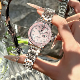KissICON Pink / China Mainland OLEVS 5885 Original Quartz Watch Women Fashion Rotating Dial Stainless Steel Strap Waterproof Casual Ladies' Watch
