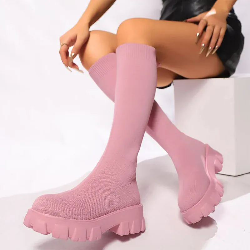 KissICON Pink Chunky Platform Long Boots Women Trend Thick