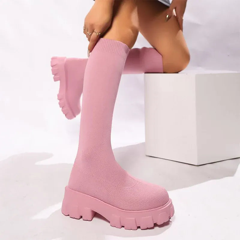 KissICON Pink Chunky Platform Long Boots Women Trend Thick
