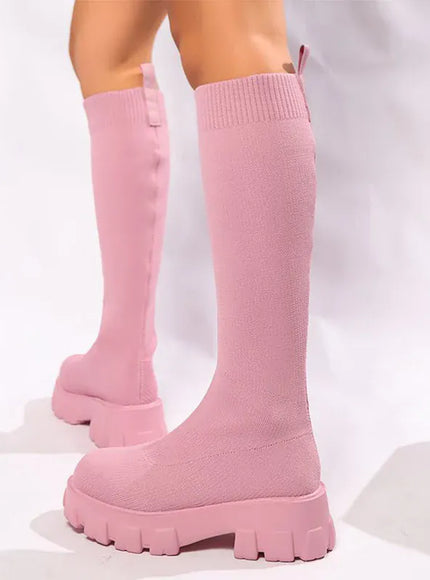 KissICON Pink Chunky Platform Long Boots Women Trend Thick