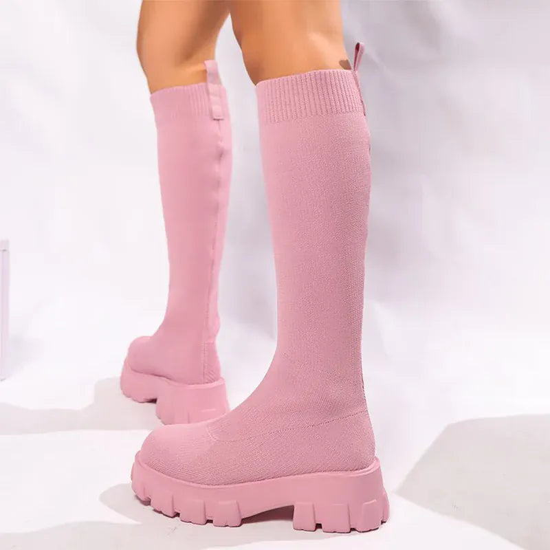 KissICON Pink Chunky Platform Long Boots Women Trend Thick