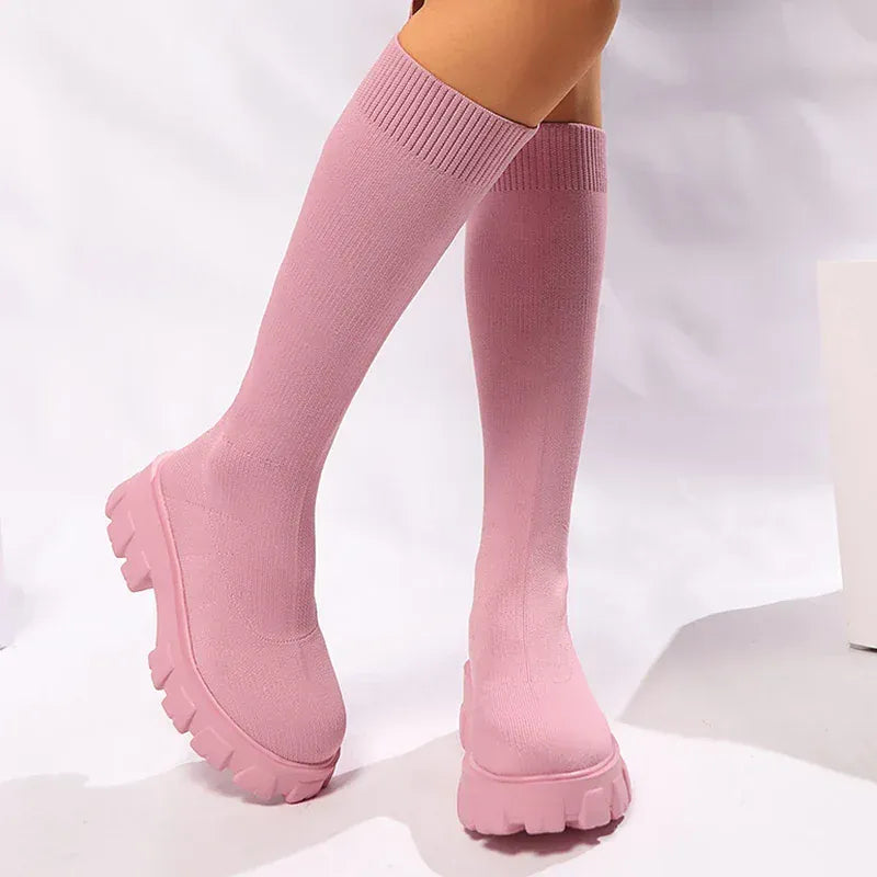 KissICON Pink Chunky Platform Long Boots Women Trend Thick