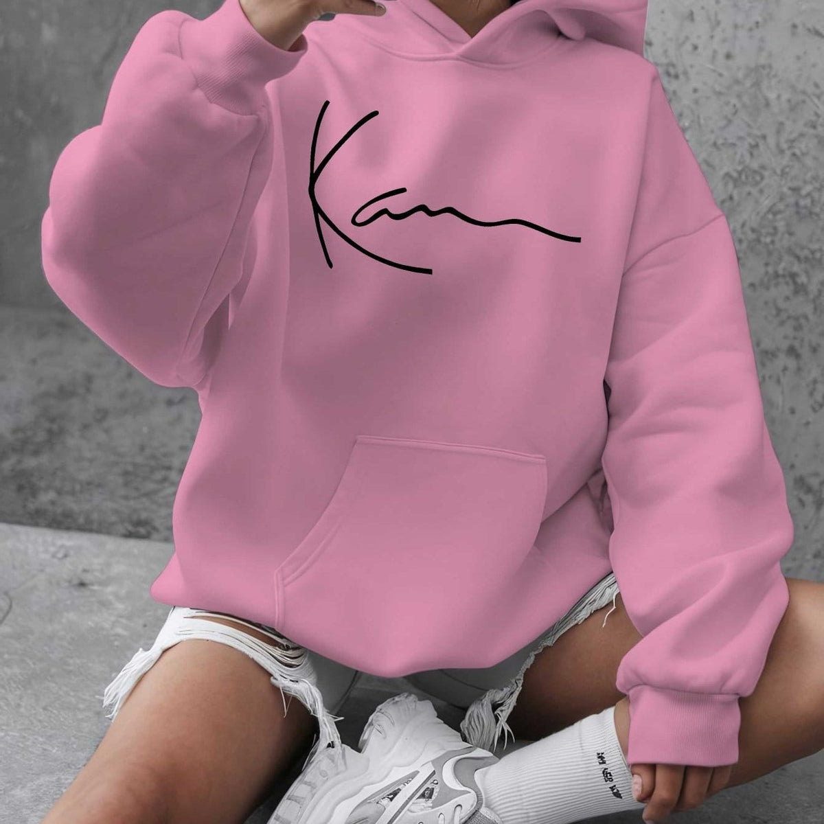 jkthpu-45 Pink Color / UK 16 Artistic Signature Women's Plus Size Casual Hooded Sweatshirt