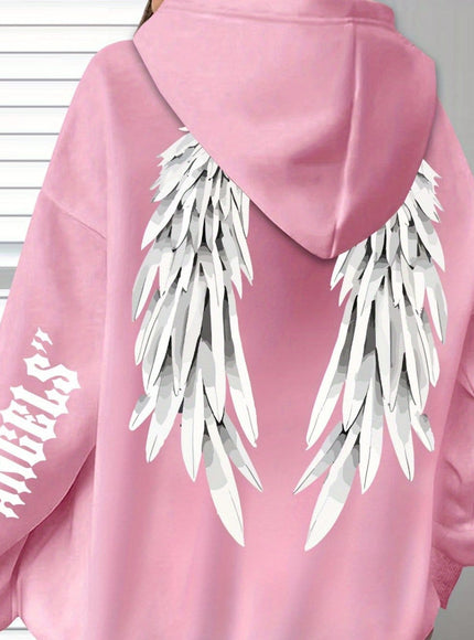 jkthpu-45 Pink Color / UK 16 Plus Size Angel Wings Print Hoodie - Soft