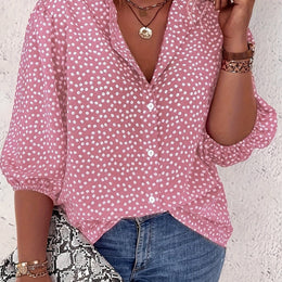 KissICON Pink Color / UK 16 Plus Size Women's Casual Shirt - Floral Print Front Button-Up Blouse with Puff Sleeves, Stand-Up Collar & Lightweight Breathable Fabric for Summer, Machine Washable H-Line Silhouette (Elegant Collection), Relaxed Fit Clothing