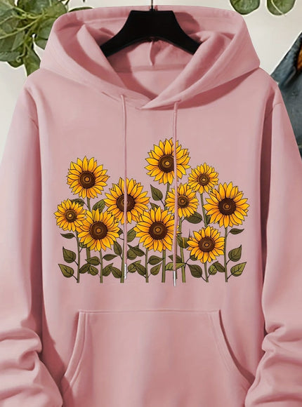 jkthpu-45 Pink Color / UK 16 Plus Size, Women's Sunflower Print Hooded Sweatshirt -