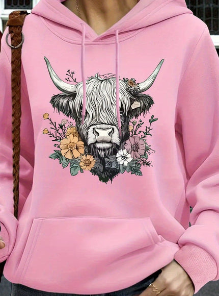 jkthpu-45 Pink Color / UK 16 Women's Oversized Hoodie with Highland Cow Floral Graphic