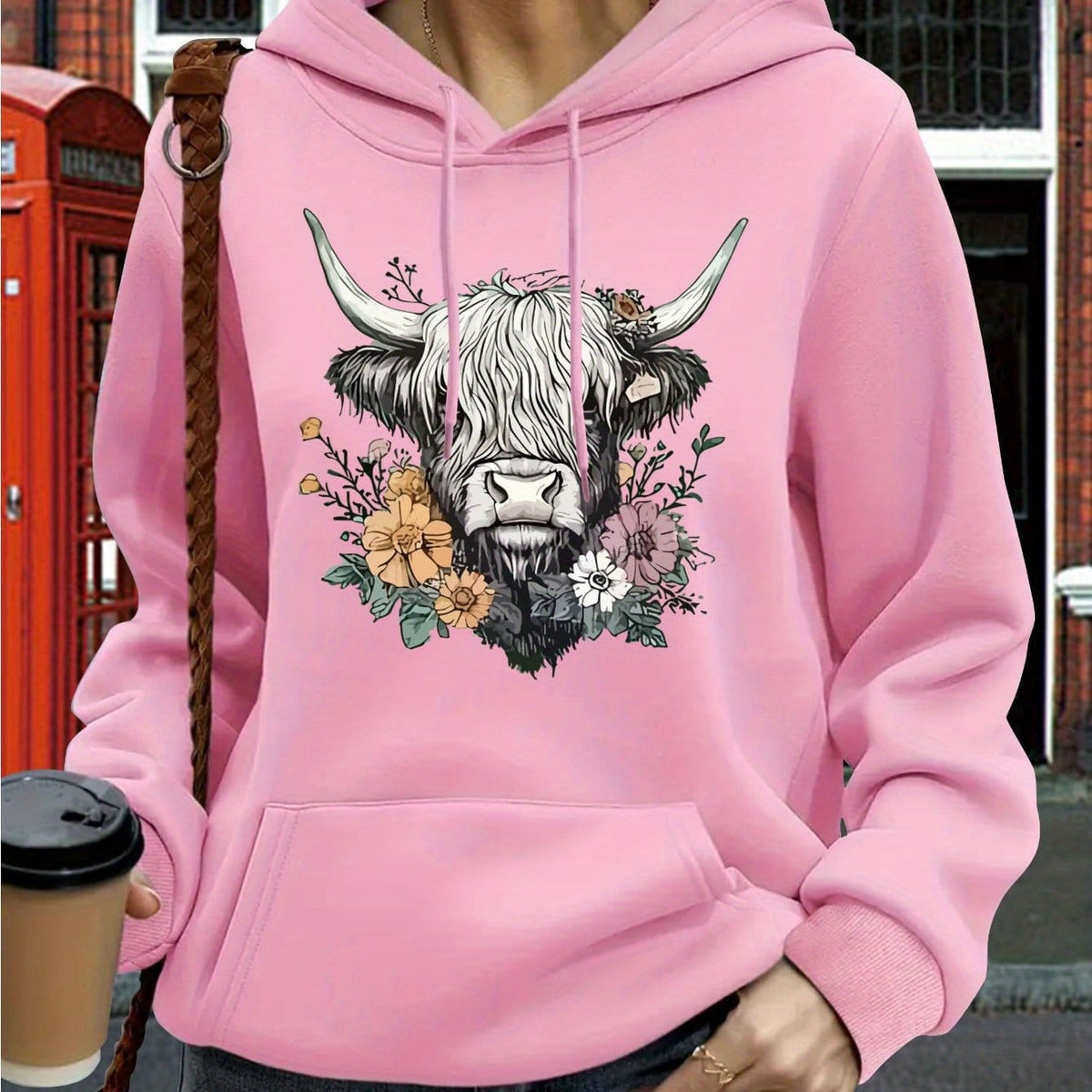 jkthpu-45 Pink Color / UK 16 Women's Oversized Hoodie with Highland Cow Floral Graphic