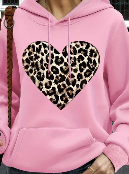 jkthpu-45 Pink Color / UK 16 Women'S Plus Size Leopard Heart Print Hoodie -