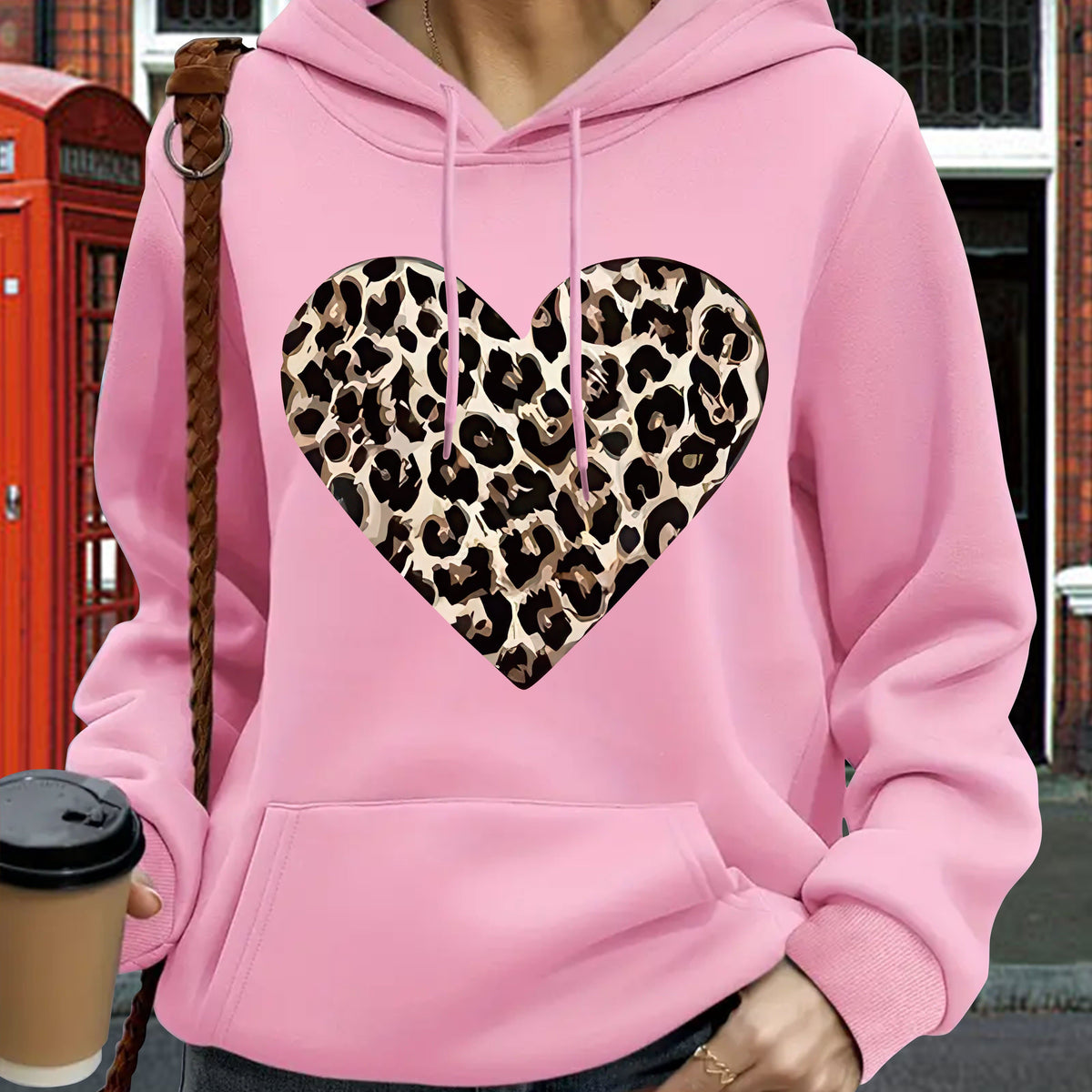 jkthpu-45 Pink Color / UK 16 Women'S Plus Size Leopard Heart Print Hoodie -