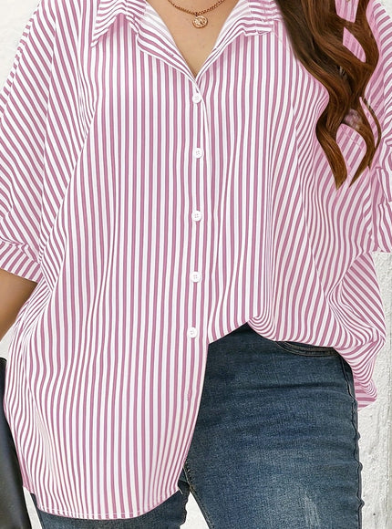 KissICON Pink Color / UK 16 Women'S Plus Size Striped Shirt - Yellow & White, Short Sleeve, Button-Up Collar, Casual Summer Style, Comfortable Polyester Fabric, Casual Summer Wear | Striped Buttonup | Glossy Texture