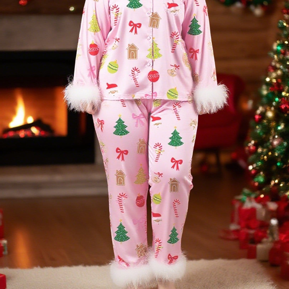 KissICON Pink Color / UK 18 Festive Curve Christmas Pajama Set – Tree Print