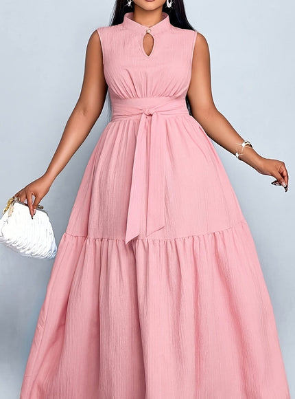 jkthpu-45 Pink Color / UK 18 Plus Size, Cross-Border European & American Women's Elegant Solid Color Button Sleeveless Waistband Dress