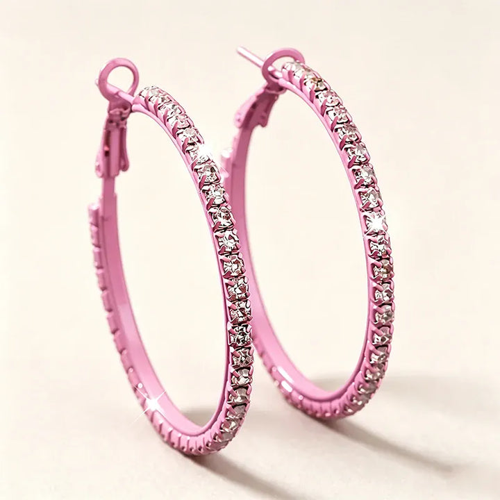 Elegant Sparkling Pink Hoop Earrings with Clear Gemstones for Women Stylish Round Design Perfect Jewelry Gift Novelty Earrings