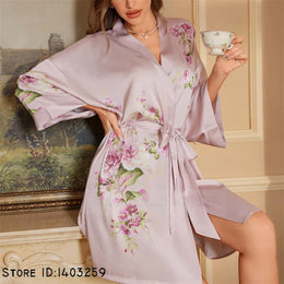 KissICON Pink Flower 8 / XXS Plus Size Sexy Women Robe Sleepwear Silky Satin