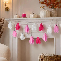 KissICON Pink Halloween Ghost Decorations Girly Halloween Room Decor Halloween Ghost Hanging Decor Set Pastel Pink White Soft Fabric
