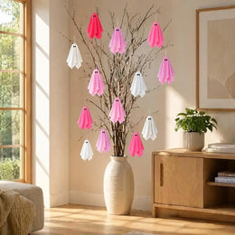 KissICON Pink Halloween Ghost Decorations Girly Halloween Room Decor Halloween Ghost Hanging Decor Set Pastel Pink White Soft Fabric