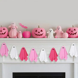 KissICON Pink Halloween Ghost Decorations Girly Halloween Room Decor Halloween Ghost Hanging Decor Set Pastel Pink White Soft Fabric