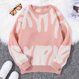 KissICON Pink / L Trendy Irregular Jacquard ColorBlock Mens Pullover Sweater