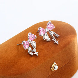 KissICON Pink New High Quality 925 Silver Plated Women's Earrings Fashion Bow Shape Color Zircon Jewelry Anniversary Gift Earrings for Women