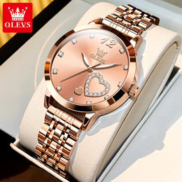 KissICON Pink OLEVS Japan Quartz Women Watch Stainless steel Bracelet "Love" Dial Fashion Elegant Waterproof Luminous Quartz Watch for Ladies