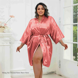 KissICON Pink / One Size Plus Size Women Robe Half Sleeve Bathrobe Kimono