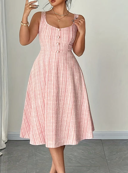 jkthpu-45 Pink Red Color / UK 16 ELenzga Plus Size Women's Sleeveless Pearl Button Dress Elegant Valentine's Day