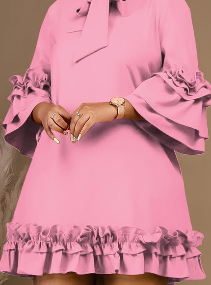 jkthpu-45 Pink Red Color / UK 16 Plus Size Tie Neck Tunic Dress - 3/4 Sleeve, Ruffle Trim, Slight Stretch, Solid Color, Polyester, Perfect for Wedding, Graduation, Engagement, Party, Holiday, Vacation, Birthday Celebrations