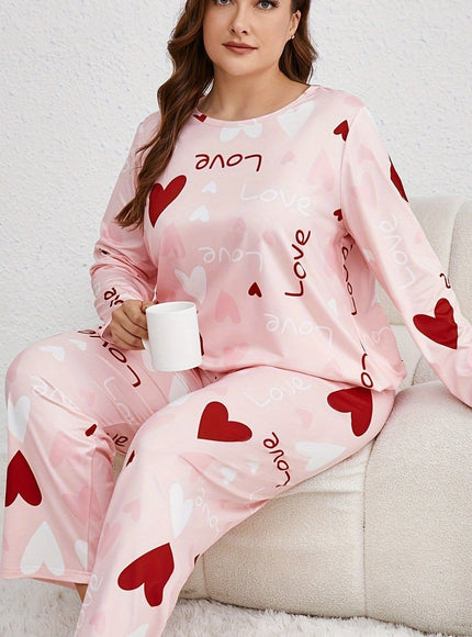 jkthpu-45 Pink Red / UK 16/18 Plus Size Casual Polyester Long Sleeve Pajama Set