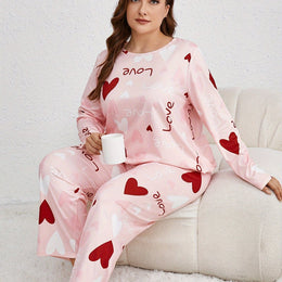 jkthpu-45 Pink Red / UK 16/18 Plus Size Casual Polyester Long Sleeve Pajama Set