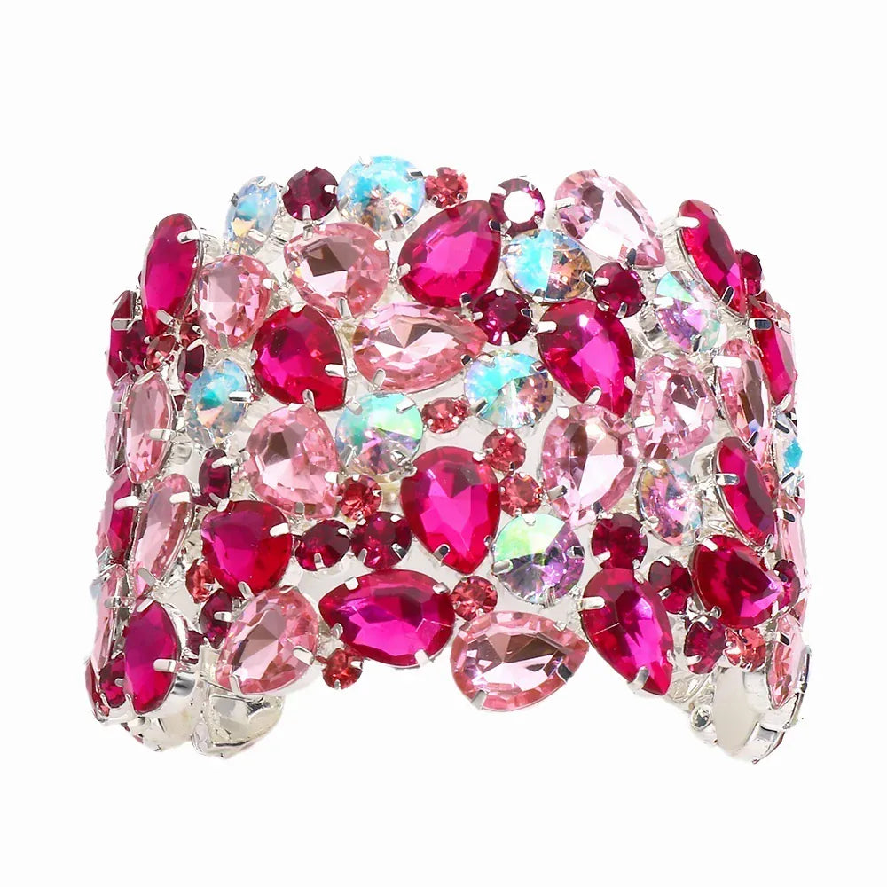 KissICON Pink / Silver Crystal Hand Bangle Water Drop Rhinestone Bracelet
