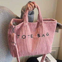 jkthpu-45 Pink Soft Corduroy Tote Chic White Bag for Trips  Gifts