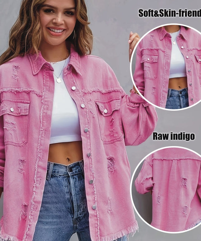jkthpu-45 Pink / UK 16 Chic PlusSize Distressed Denim Jacket Effortless Style