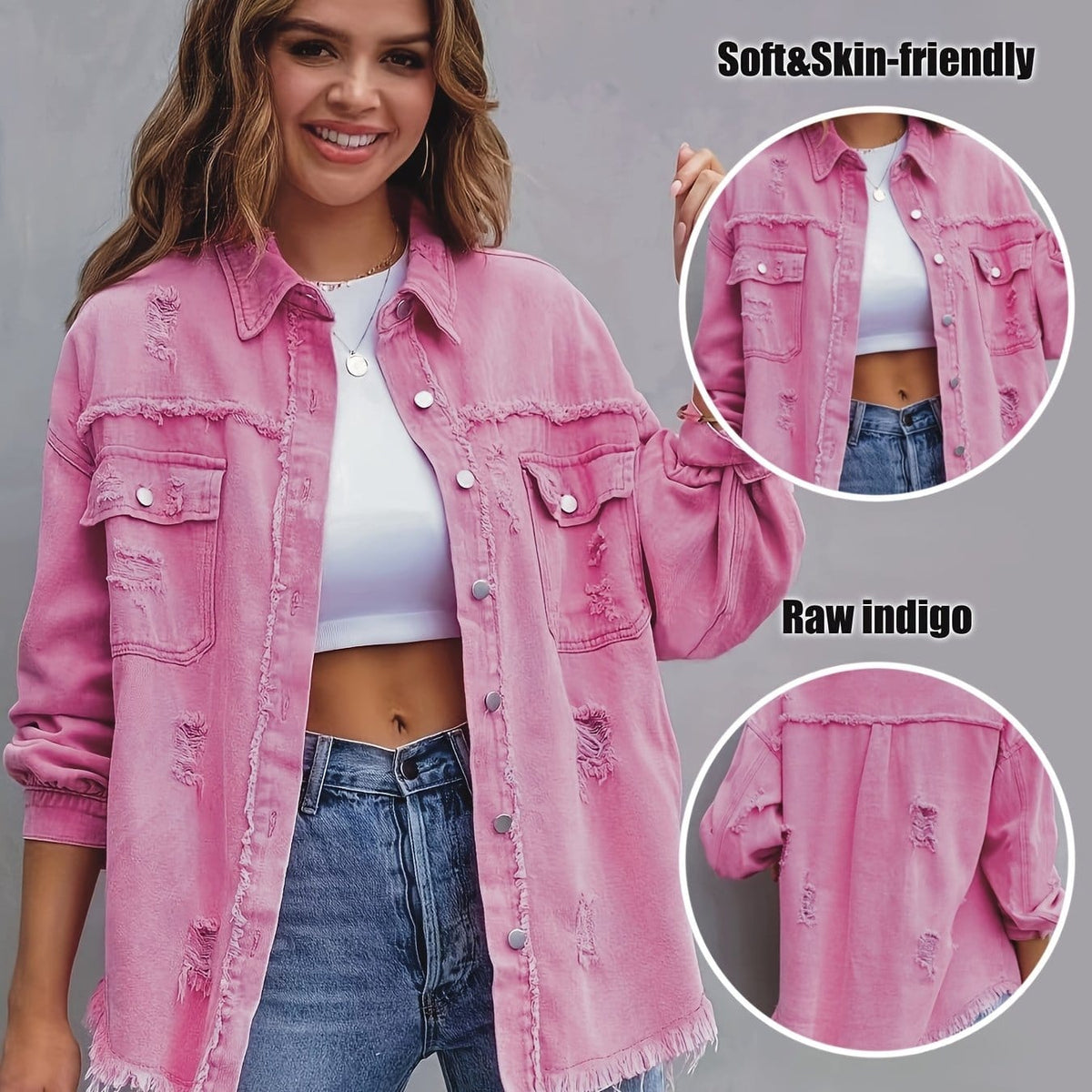 jkthpu-45 Pink / UK 16 Chic PlusSize Distressed Denim Jacket Effortless Style