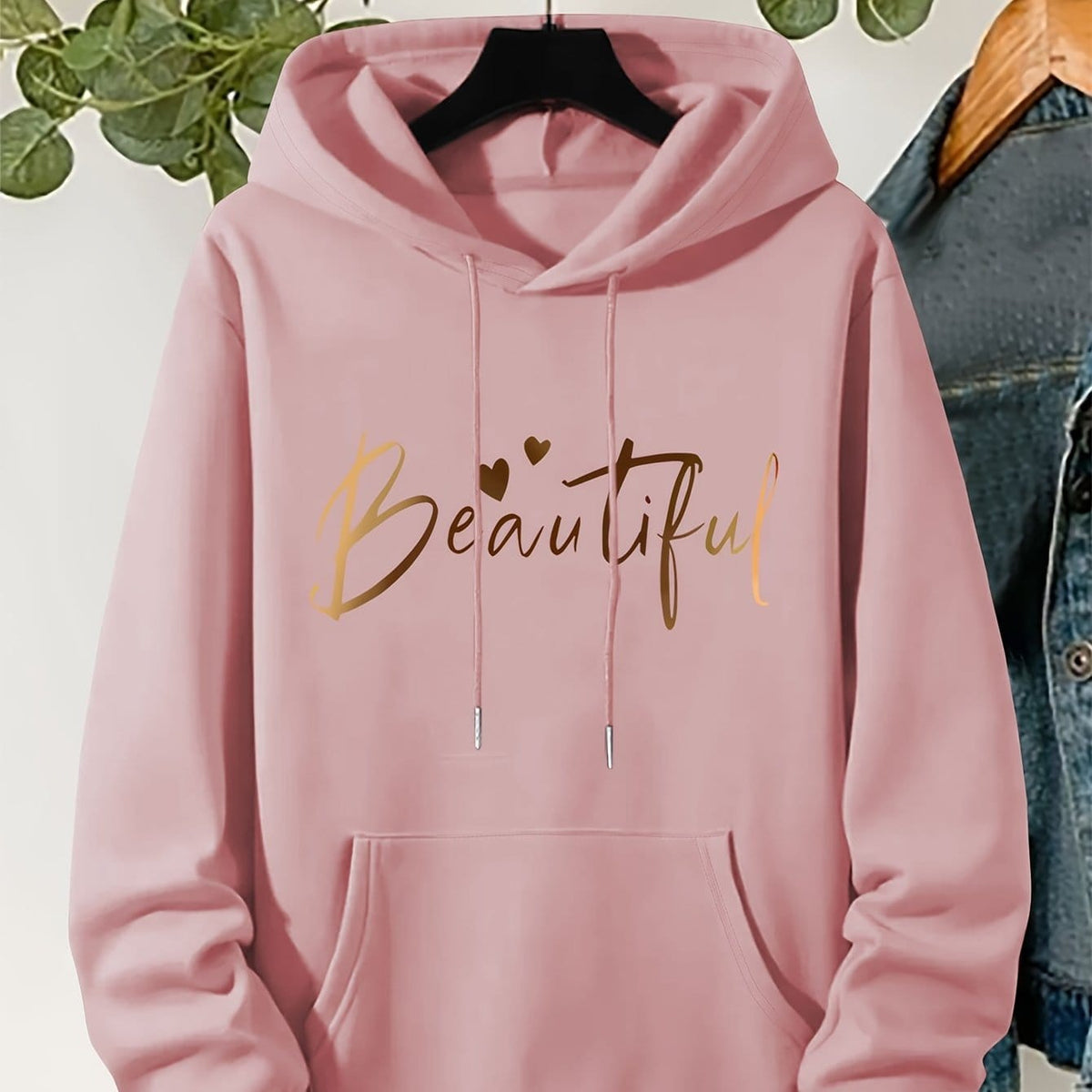jkthpu-45 Pink / UK 16 Plus Size Beautiful Letter Print Drawstring Hoodie, Warm