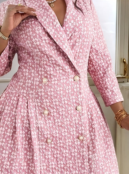 jkthpu-45 Pink / UK 16 Plus Size - Elegant Plus Size Floral Jacquard Double-Breasted Blazer Dress with Lapel Collar, Long Sleeves, and Ruffled Hem - Pink Floral Pattern, Non-Stretch Fabric, Perfect for Spring/Fall, Spring Fashion | Ruffled Hem Dress | Nonstretch Fabric