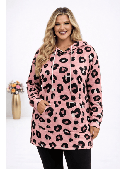 KissICON Hoodie Pink / UK 18 / US 14 Plus Size Leopard Print Hooded Long-Sleeve Sweatshirt