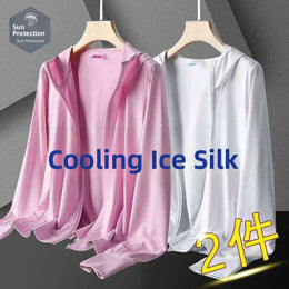KissICON Pink + white (two pieces) / L suggest 47.5-55kg Mens Summer Ice Silk UV Fishing Jacket Lightweight Breathable Trendy