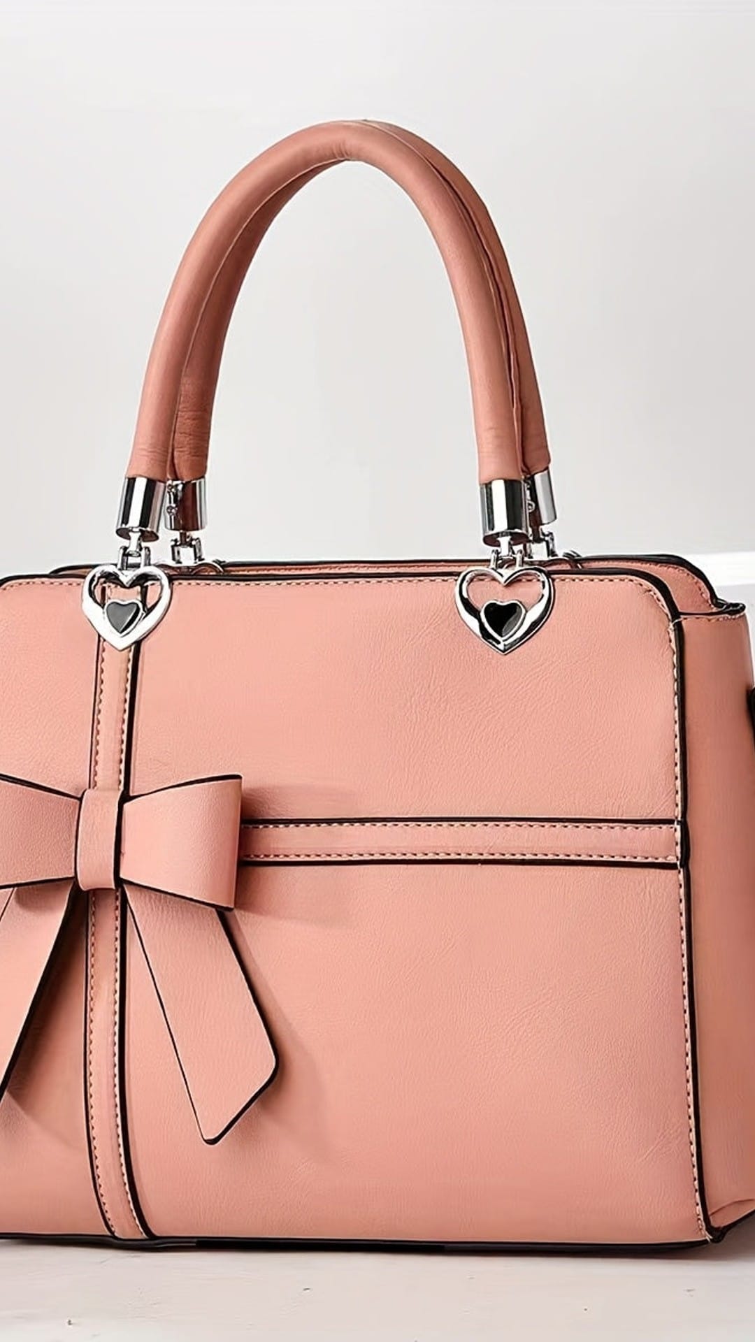 jkthpu-45 Pink Women'S Chic Solid Color Handbag with Bow Accent, Adjustable Shoulder Strap, and Wristlet - Synthetic, Zip Closure, Casual Elegance, Versatile Tote for Everyday Use