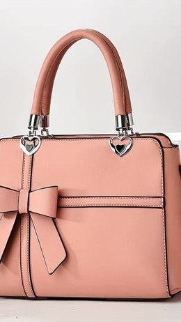 jkthpu-45 Pink Women'S Chic Solid Color Handbag with Bow Accent, Adjustable Shoulder Strap, and Wristlet - Synthetic, Zip Closure, Casual Elegance, Versatile Tote for Everyday Use