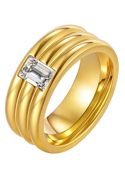 KissICON PJ-RC-783G / 6 White Zircon Wedding Ring – Gold Plated Steel